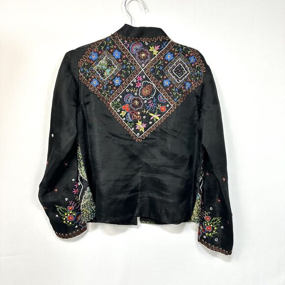Sandy Starkman  Silk Embroidered Beaded Blouse Women's Size Medium Black - Picture 7 of 8